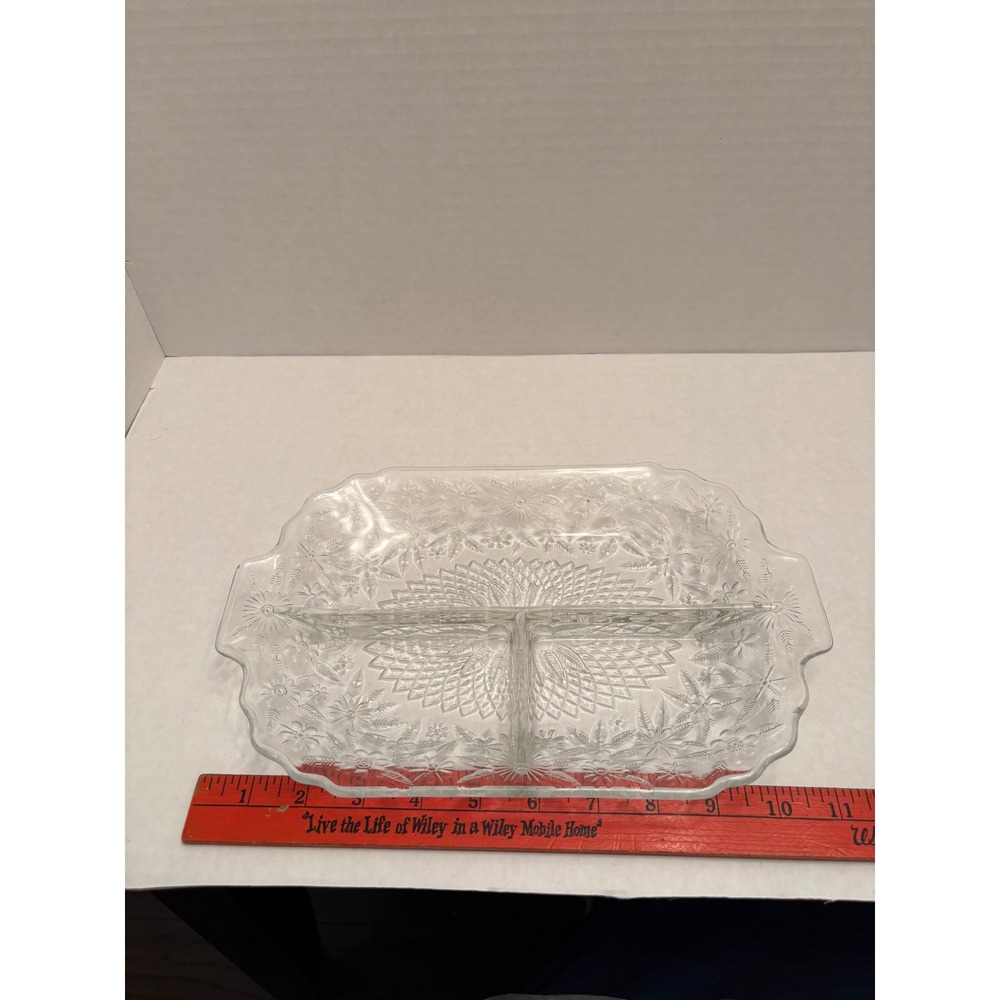 Vintage‎ Clear Pressed Glass Divided Relish Dish Floral Sunburst 3 Compartment
